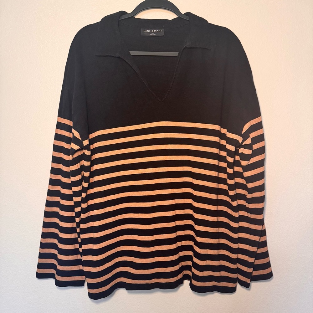 Lane Bryant Striped V Neck Sweater 14/16 Drop Shoulder Cotton Brown Black